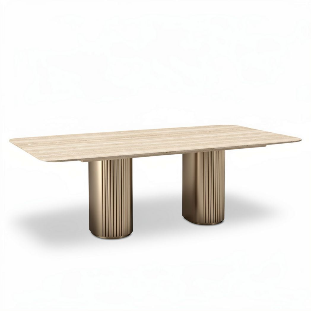 Eettafel met houten blad en metalen zuilen 200 x 100 x 75cm beige