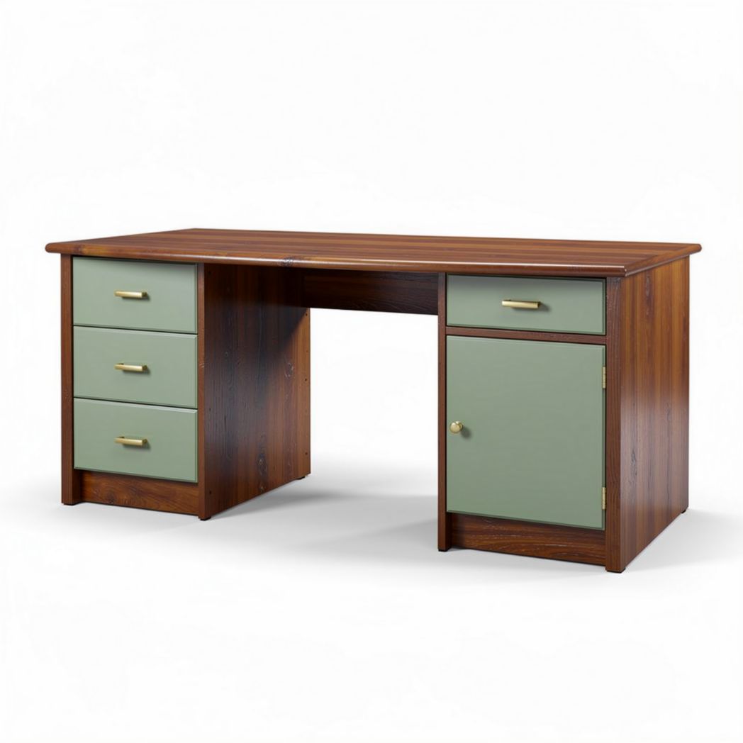 Houten bureau met groene lades en kast 150 x 70 x 75 cm