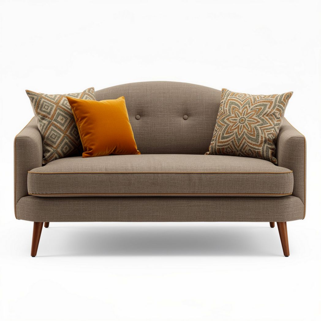 Bank met kussens in grijs textiel en houten poten 180 x 80 x 85cm