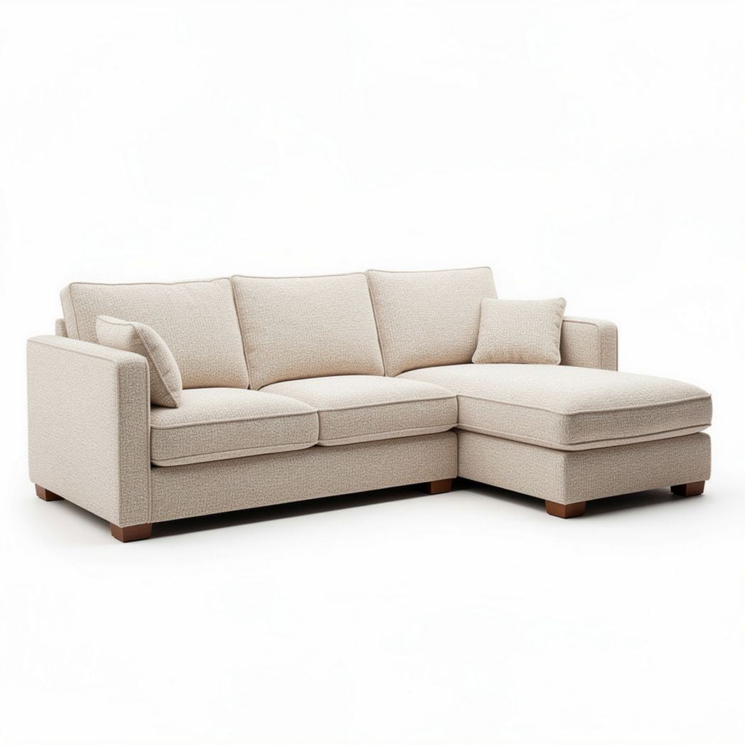 Hoekbank van stof in lichtbeige met afmetingen 200 x 100 x 90cm